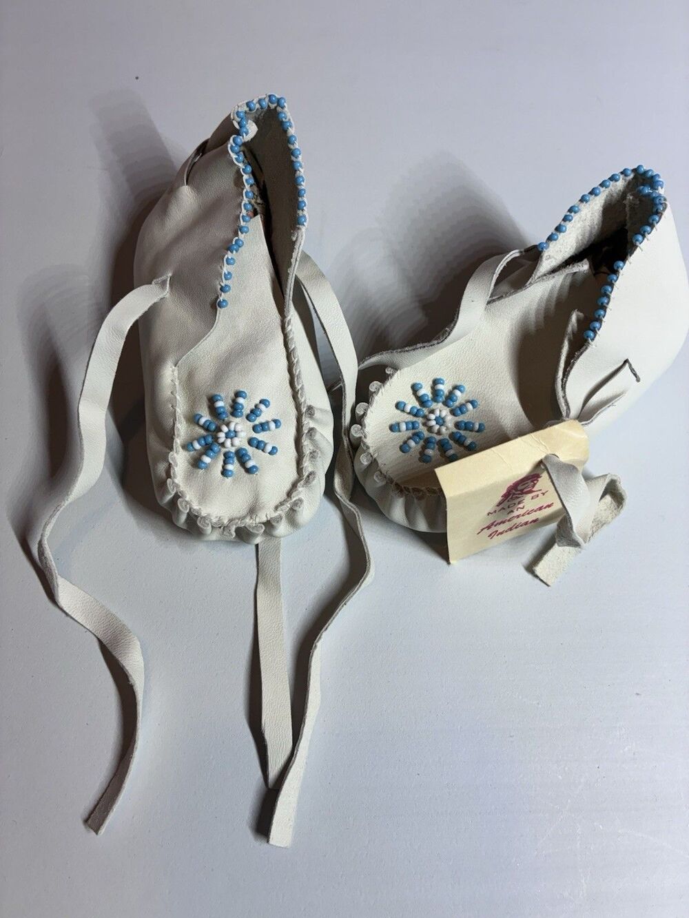 Native American Handmade white Beaded Leather Baby Moccasin 12 mnth walking shoe